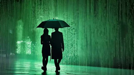 Poster - Digital rain evokes a cyberpunk atmosphere with silhouettes under an umbrella at night, matrix digital code rain motion green