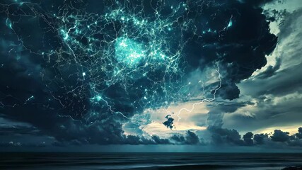 Aufkleber - Visual of stormy sky with network of connections and glowing icons above the sea at twilight, network of connections with icons over storm