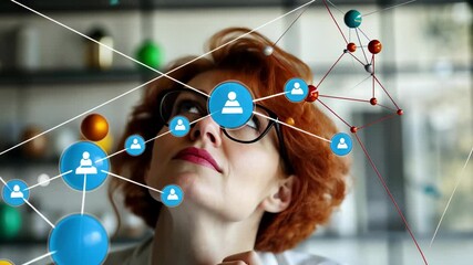 Poster - Exploring scientific connections with thoughts on discovery and innovation, network of connections over caucasian female scientist working in lab