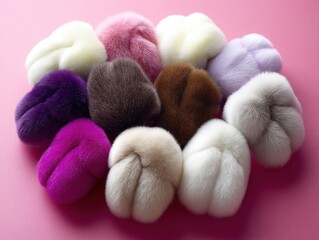 Poster - Fluffy Colorful Fur Pom Poms on Pink Background Soft and Luxurious Fashion Accessories for Crafts and Design