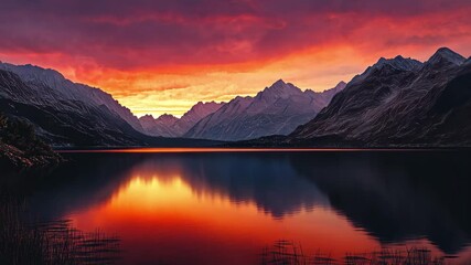 Poster - Sunset paints vibrant colors behind mountains over tranquil lakeside waters, sunset behind mountains on lakeside