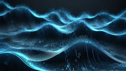 Poster - Digital art of blue waves moving across a screen with futuristic highlights, detailed abstract 8k design