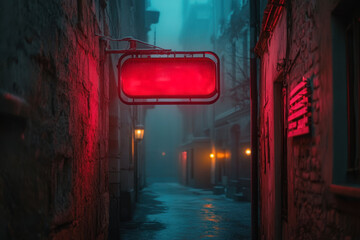 Wall Mural - Red neon sign hanging on a wet street in the rain.