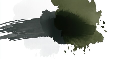 Aufkleber - Abstract Watercolor Painting with Dark Green and Gray Brushstrokes on White Background