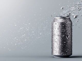 Poster - Refreshing drink concept featuring a silver can with water droplets and splash on a light background