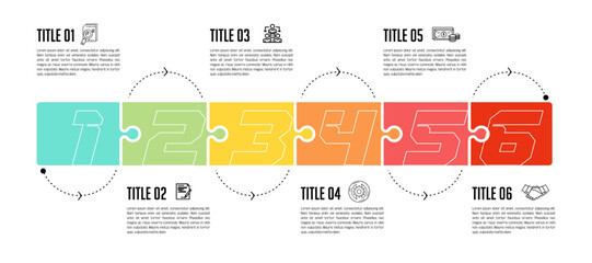 Poster -  Business process chart infographics with 6 step puzzle . puzzle corporate workflow graphic elements. Company flowchart presentation slide template. Vector info graphic design