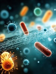 Fototapete - Abstract Representation of Bacteria Breaking Through a Synthetic Molecular Barrier in a Scientific Illustration Generative AI
