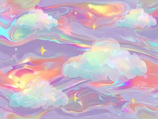 Aufkleber - Dreamy Holographic Sky with Clouds and Stars Iridescent Background for Magical Designs