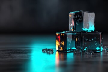 Aufkleber - Ice Cubes Stacked on Reflective Surface with Teal and Orange Lighting in Dark Background