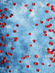 Poster - Red rose petals scattered on a blue textured surface romantic floral background design