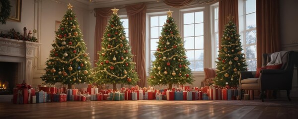 Ornate Christmas tree, presents overflow nearby,  holiday,  happy,  silver