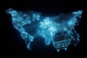 Poster - Global Online Shopping Network Illustrated by a Glowing World Map and Digital Shopping Cart Emerging From the Background Generative AI