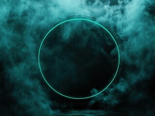 Poster - Abstract Cyan Circle Portal with Ethereal Smoke and Mysterious Dark Background Design Element