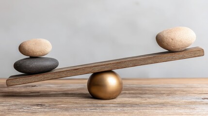 Poster - two stones expertly balancing on a wooden scale representing equilibrium in investment strategies an
