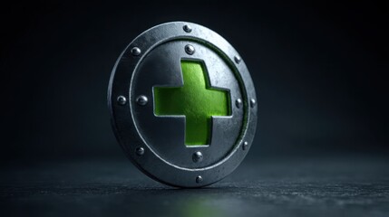 Poster - Green cross symbol on a protective metal shield representing stability and security in financial investments