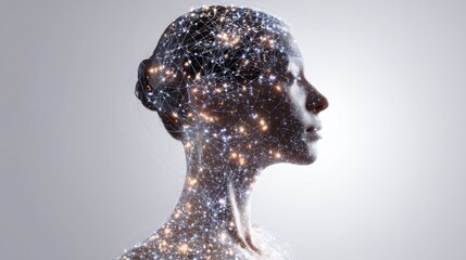 Poster - Woman's head surrounded by a network of stars representing ai capital intuition and neural pre-trade sense