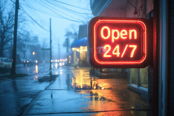 Wall Mural - Vibrant red neon sign shines brightly against a dreary, rain-soaked urban backdrop.
