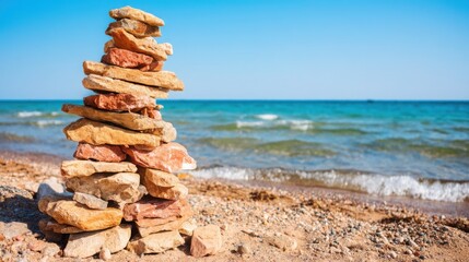Poster - A stack of rocks on the beach representing peace within imperfection and calm misalignment concept in nature