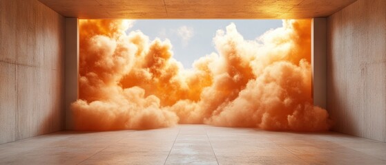 Poster - Concrete Room Overlooking a Dramatic Sky Filled with Orange Clouds and Bright Sunlight