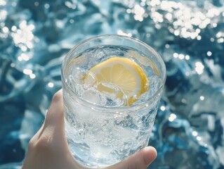 Poster - Refreshing drink with lemon slice and ice cubes against a shimmering blue water background