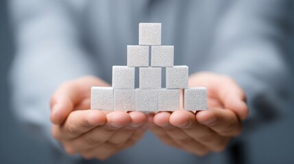 Poster - Person holding stack of white paper blocks representing structure and organization behind executive success and management