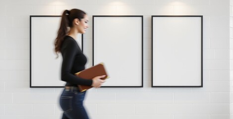 empty poster frames on white tile wall with soft lighting, woman walking by with notebook, clean int