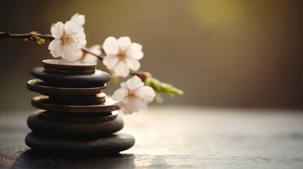Poster - Aesthetic stack of rocks adorned with beautiful flowers representing financial serenity and peaceful growth