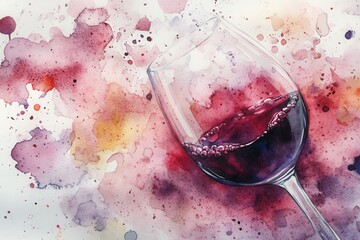 Poster - Watercolor painting of red wine in glass with abstract background of red and purple hues