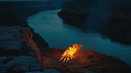 Aufkleber - Campfire glows brightly on a cliff by the river at night under a darkening sky, campfire burns on a cliff of a river at night slow motion