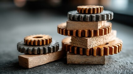 Poster - Intricate stack of wooden gears symbolizing focus-first business structure and clean core execution in design