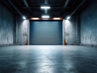 Poster - Interior of a large empty industrial warehouse space with concrete floor and metal door