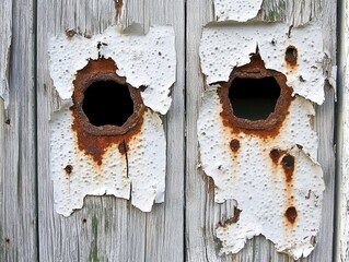 Poster - Weathered wood with peeling paint and rust creating abstract textures and patterns on a rustic surface