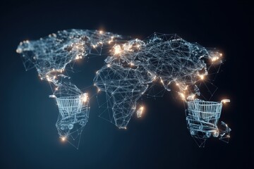 Poster - Global Online Shopping Network Illustrated With a Glowing World Map and Digital Shopping Carts Generative AI