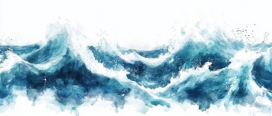 Poster - Watercolor Ocean Wave Illustration with White Background and Blue Tones for Coastal Art