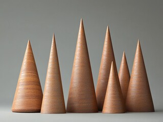Poster - Abstract arrangement of wooden cones in varying heights on a neutral background studio shot