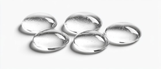 Poster - Five Translucent Gel Drops on White Surface for Skincare or Cosmetic Product Close Up