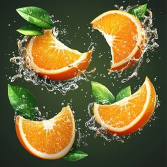 Poster - Fresh Orange Slices with Water Splashes on Dark Green Background for Juice Advertisement