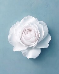 Poster - Elegant White Rose Blossom on Soft Blue Background for Romantic and Delicate Designs