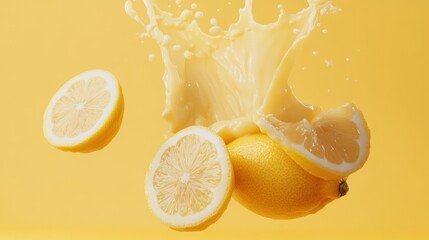 Poster - Lemon Juice Splash on Fresh Lemons Against Yellow Backdrop for Refreshing Summer Beverage