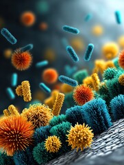 Poster - Symbolic Bacteria Breaking Through a Molecular Barrier in a Vibrant Abstract Scene Capturing Microbial Activity and Interactions Generative AI