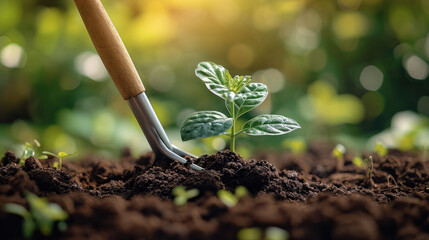 Poster - Small green plant is being planted in rich soil with gardening tool, surrounded by sunlight and blurred greenery, symbolizing growth, hope, and environmental care
