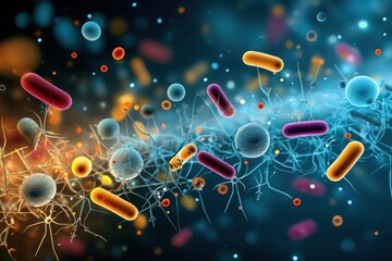 Poster - Abstract Representation of Symbolic Bacteria Breaking Through a Molecular Barrier in a Vibrant Colorful Environment Generative AI