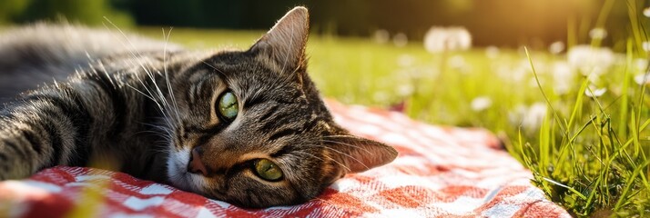Leinwandbilder - Lazy Cat Relaxing on a Picnic Blanket in a Sunny Meadow Surrounded by Lush Greenery and Wildflowers Generative AI