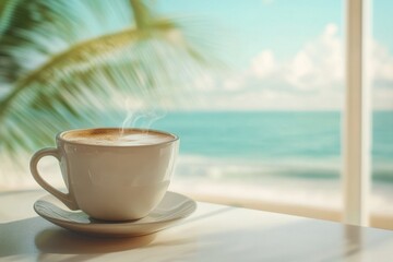 Wall Mural - Enjoying a warm coffee while gazing at the serene beach view in a summer cafe, Coffee cup by window in beachside summer cafe with tropical vibes ing