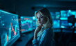 © Banana Business - A super close-up of a thoughtful blond female data analyst with floating holographic stock charts in a moody blue tech office.