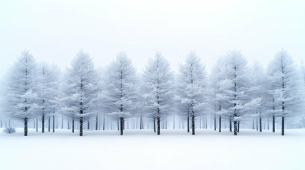 a line of frost-covered trees stand tall in a snow-covered field, with a soft, white sky above