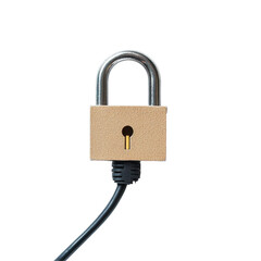 Poster - Padlock secured with Ethernet cable on a bright Transparent background showcasing technology and security, Padlock with Ethernet Cable, PNG background