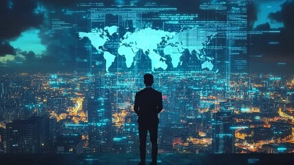 Poster - Global Network: Businessman Contemplates Futuristic Cityscape