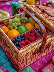 Aufkleber - Colorful Picnic Basket Filled With Fruits Placed on a Vibrant Picnic Blanket During a Sunny Outdoor Gathering Generative AI