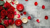 Romantic Arrangement of Red Roses, Petals, and Candles for Relaxation, with Wax Seal Background